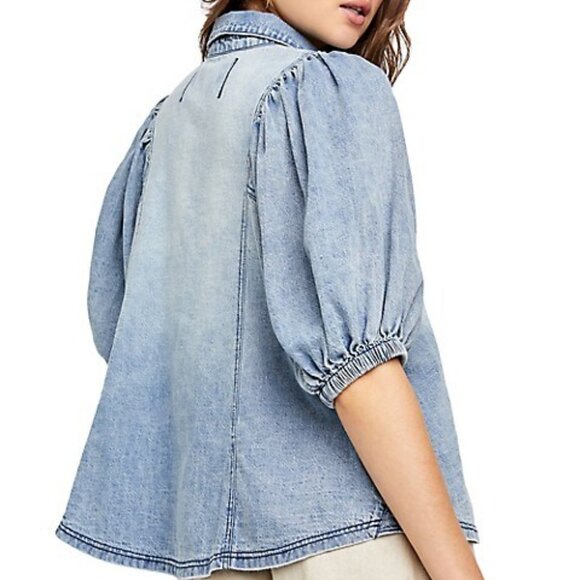 Free People Puffed-Sleeve Denim Shirt - Light Indigo - Picture 2 of 12